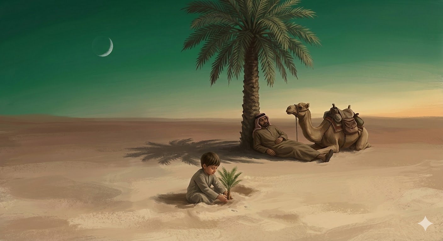 Un enfant plante un palmier dans le désert