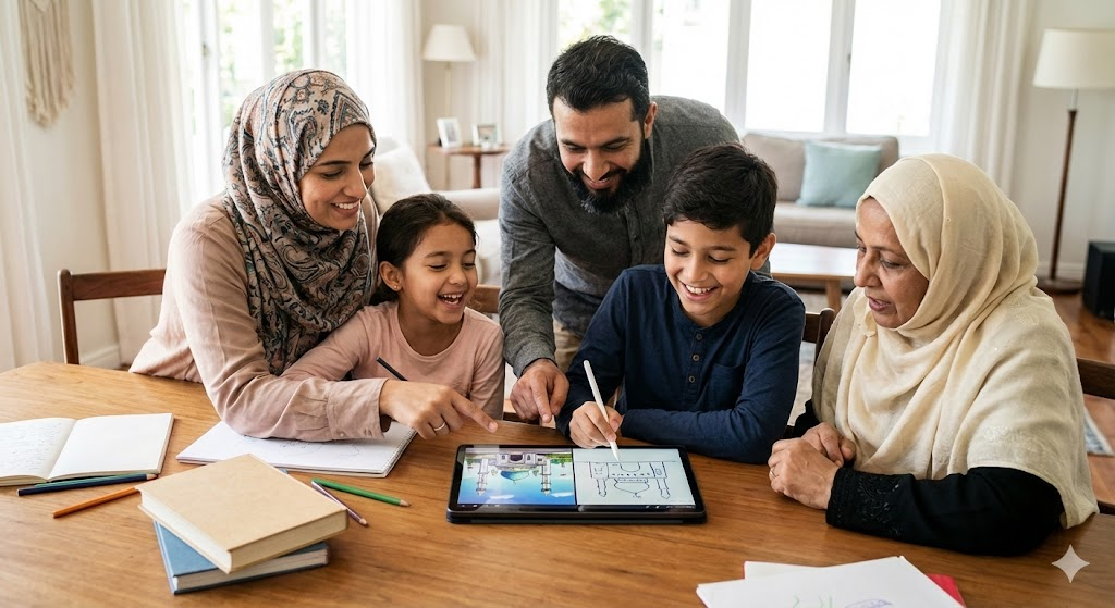 Famille utilisant l'IA ensemble